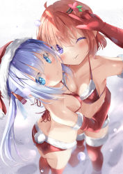 Rule 34 | 2girls, :t, ;), ahoge, arm up, ass, bare shoulders, bikini, blue eyes, blue hair, blush, boots, breasts, brown hair, christmas, closed mouth, commentary request, elbow gloves, from above, fur-trimmed bikini, fur-trimmed gloves, fur-trimmed headwear, fur-trimmed legwear, fur trim, gloves, gochuumon wa usagi desu ka?, hair ornament, hairclip, hat, highres, hoto cocoa, kafuu chino, long hair, looking at viewer, medium breasts, multiple girls, natuna natu, one eye closed, pouch, rabbit tail, red bikini, red footwear, red gloves, red headwear, red legwear, santa bikini, santa hat, smile, standing, swimsuit, tail, thighhighs, twintails, underwear, underwear only, very long hair, wavy mouth