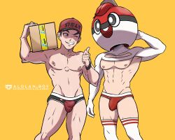 Rule 34 | 2boys, abs, absurdres, alolan boy, artist name, ball guy, bara, baseball cap, black hair, box, bulge, courier (pokemon), creatures (company), game freak, hat, highres, holding, holding box, kneehighs, large pectorals, looking at another, male focus, male underwear, multiple boys, muscular, muscular male, navel, nintendo, nipples, patreon username, pectorals, poke ball, pokemon, pokemon sv, pokemon swsh, red male underwear, short hair, shrug (clothing), smile, socks, teeth, thighs, thumbs up, underwear, watch, white socks, wristwatch