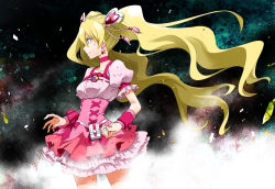Rule 34 | 00s, 1girl, blonde hair, choker, cure peach, dress, earrings, eyelashes, fresh precure!, frilled dress, frills, hair ornament, heart, heart hair ornament, jewelry, kurose kousuke, long hair, looking to the side, magical girl, momozono love, pink dress, pink hair, precure, puffy sleeves, serious, solo, standing, twintails, wrist cuffs