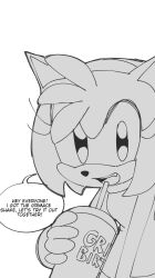 Rule 34 | 1girl, :d, amy rose, animal ears, animal nose, body fur, cup, dress, drinking straw, english text, fang, furry, furry female, greyscale, grimace shake (meme), hair between eyes, hand up, happy, highres, holding, holding cup, kumo zd, mcdonald&#039;s, medium hair, meme, monochrome, open mouth, simple background, sketch, sleeveless, sleeveless dress, smile, solo, sonic (series), speech bubble, talking, teeth, tongue, upper body, upper teeth only, white background