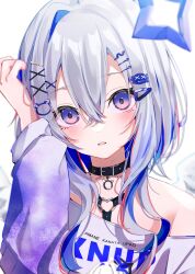 Rule 34 | 1girl, amane kanata, amane kanata (punk rock), blue hair, casual, collarbone, colored inner hair, expressionless, grey hair, hair between eyes, hair ornament, hairclip, hairpin, highres, hololive, looking at viewer, multicolored hair, multiple hairpins, off-shoulder shirt, off shoulder, official alternate costume, parted lips, purple eyes, shirt, short hair with long locks, simple background, single hair intake, solo, sui. (suikun), upper body, virtual youtuber, white background, x hair ornament