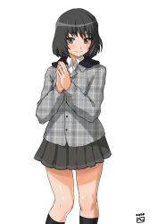 Rule 34 | 1girl, amagami, black hair, black skirt, bob cut, breasts, checkered clothes, checkered shirt, commentary, cowboy shot, english commentary, finalcake, grey eyes, looking at viewer, medium breasts, nanasaki ai, own hands together, pleated skirt, school uniform, shirt, short hair, simple background, skirt, smile, solo, standing, white background