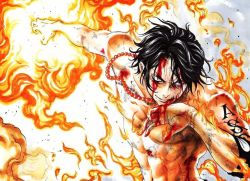 Rule 34 | 1boy, black hair, blood, blood on face, devil fruit, fire, male focus, one piece, pearl necklace, portgas d. ace, topless male, grey eyes, solo, tagme, tattoo
