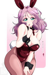 Rule 34 | 1girl, animal ear hairband, animal ears, aqua eyes, artist logo, black collar, breasts, cleavage, collar, commentary, covered navel, cowboy shot, curvy, detached collar, fake animal ears, fake tail, finger to mouth, girls und panzer, grey pantyhose, half-closed eyes, hand on own thigh, heart, highleg, highleg leotard, highres, ichijou takakiyo, large breasts, leaning forward, leotard, long hair, looking at viewer, makeup, mascara, open mouth, pantyhose, peach (girls und panzer), pink hair, playboy bunny, plump, rabbit ear hairband, rabbit ears, rabbit tail, red leotard, solo, standing, strapless, strapless leotard, tail, translated, wavy hair, wrist cuffs