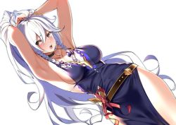Rule 34 | 1girl, ahoge, armpits, arms behind head, arms up, bare shoulders, belt, blue dress, blush, bracelet, braid, breasts, choker, cleavage, collarbone, dress, granblue fantasy, hair between eyes, hip focus, jewelry, large breasts, long hair, looking at viewer, necklace, okita ababa, open mouth, silva (gentian blue) (granblue fantasy), silva (granblue fantasy), silver hair, simple background, solo, twin braids, tying hair, very long hair, wavy hair, white background, yellow eyes
