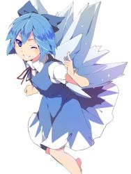 Rule 34 | 1girl, bad id, bad twitter id, barefoot, blue dress, blue eyes, blue hair, bow, cirno, dress, fairy, hair bow, hair ornament, hasebe yuusaku, ice, ice wings, looking at viewer, matching hair/eyes, one eye closed, short hair, short sleeves, simple background, smile, solo, teeth, touhou, vest, white background, wings