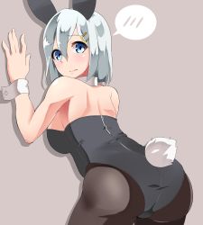 Rule 34 | 10s, 1girl, against wall, alternate costume, animal ears, ass, back, bad id, bad pixiv id, black pantyhose, blue eyes, blush, bow, bowtie, breasts, detached collar, fake animal ears, female focus, hair ornament, hairclip, hamakaze (kancolle), kantai collection, large breasts, leotard, looking at viewer, looking back, pantyhose, playboy bunny, rabbit ears, rabbit tail, short hair, sideboob, silver hair, solo, tail, uni mmtab, wrist cuffs, zipper