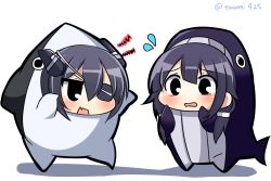Rule 34 | 10s, 2girls, alternate costume, black eyes, blush, chibi, costume, eyepatch, fang, flying sweatdrops, hair flaps, headgear, kantai collection, multiple girls, open mouth, purple hair, shark, simple background, sweatdrop, taigei (kancolle), tenryuu (kancolle), twintails, twitter username, twumi, wavy mouth, whale, white background