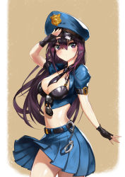 Rule 34 | 1girl, absurdres, arm at side, belt, bikini, bikini top only, black belt, black bikini, black gloves, black necktie, blouse, blue hat, blue shirt, blue skirt, blush, breasts, caitlyn (league of legends), cleavage, closed mouth, clothes lift, cowboy shot, cropped shirt, cuffs, detached collar, eyelashes, female service cap, fingerless gloves, fingernails, gloves, hair between eyes, hand up, handcuffs, hat, highres, large breasts, long fingernails, long hair, looking away, midriff, miniskirt, necktie, officer caitlyn, original, peaked cap, pleated skirt, police, police hat, police uniform, policeman, policewoman, puffy short sleeves, puffy sleeves, purple eyes, purple hair, qsun, salute, shiny skin, shirt, short sleeves, skirt, skirt lift, solo, standing, sunglasses, swimsuit, twisted torso, uniform, very long hair, wind, wind lift, wing collar
