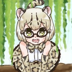 Rule 34 | 10s, 1girl, :d, animal ears, bare shoulders, black-framed eyewear, blonde hair, bow, bowtie, cat ears, cat tail, commentary, drooling, elbow gloves, extra ears, fangs, glasses, gloves, green eyes, heart, heart-shaped pupils, in tree, kemono friends, looking at viewer, margay (kemono friends), margay print, nakashi masakumi, open mouth, print bow, print bowtie, print gloves, print neckwear, print skirt, shirt, short hair, skirt, sleeveless, sleeveless shirt, smile, solo, symbol-shaped pupils, tail, tree