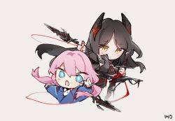 Rule 34 | :o, arknights, black hair, black shirt, blue eyes, blue jacket, blue poison (arknights), bright pupils, chibi, demon horns, hair between eyes, horns, ines (arknights), jacket, knife, long hair, long sleeves, numbered, pink hair, ruri (dailybloopy), shirt, simple background, twintails, white background, white pupils, white shirt, yellow eyes