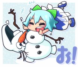 Rule 34 | 1girl, :d, blue hair, bow, cirno, crossover, closed eyes, frozen (disney), hair bow, hair ribbon, hekoningyou (waraningyou), ice, ice wings, olaf (frozen), open mouth, ribbon, short hair, shouningyou, smile, snowman, touhou, translation request, whichdoll, wings