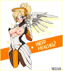Rule 34 | 1girl, artist name, blonde hair, blue eyes, blush, bodysuit, breasts, gradient background, halo, highres, mechanical halo, mechanical wings, mercy (overwatch), nipples, open clothes, open mouth, overwatch, overwatch 1, pelvic curtain, ponytail, solo, wings