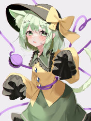 Rule 34 | 1girl, absurdres, animal ear fluff, animal ears, bandaid, bandaid on face, black hat, blouse, blurry, blush, bow, breasts, cat ears, cowboy shot, depth of field, floppy sleeves, frilled shirt collar, frilled sleeves, frills, green eyes, green hair, green skirt, grey background, hair between eyes, hat, hat bow, heart, heart of string, highres, kemonomimi mode, komeiji koishi, long sleeves, looking at viewer, open mouth, shirt, signature, skirt, sleeves past fingers, sleeves past wrists, small breasts, solo, third eye, touhou, wide sleeves, yellow bow, yellow shirt, yumeno ruruka