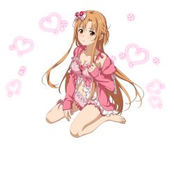 Rule 34 | 1girl, asuna (sao), barefoot, blush, breasts, brown eyes, brown hair, cardigan, cleavage, collarbone, feet, floating hair, frilled shorts, frills, full body, hair between eyes, heart, highres, hood, hood down, hooded cardigan, long hair, looking at viewer, medium breasts, midriff, navel, off shoulder, official art, open cardigan, open clothes, parted lips, pink cardigan, pink ribbon, pink shorts, ribbon, short shorts, shorts, sitting, solo, stomach, sword art online, transparent background, very long hair, wariza