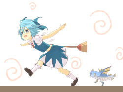 Rule 34 | 1girl, blue eyes, blue hair, bow, broom, cirno, crossover, fish, hair bow, legs, matching hair/eyes, mitsuki yuuya, monster hunter (series), open mouth, outstretched arms, plesioth, short hair, skirt, smile, solo, touhou