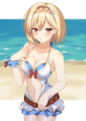 Rule 34 | 1girl, :o, bare arms, bare shoulders, beach, blonde hair, blue scrunchie, blurry, blurry background, blush, breasts, brown eyes, brown hairband, center opening, cleavage, collarbone, commentary request, day, depth of field, djeeta (granblue fantasy), djeeta (summer) (granblue fantasy), granblue fantasy, hair between eyes, hair intakes, hairband, iseshi, looking at viewer, medium breasts, navel, one-piece swimsuit, parted lips, sand, scrunchie, solo, swimsuit, water, white one-piece swimsuit, wrist scrunchie