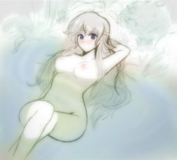 Rule 34 | 1girl, arm behind head, armpits, blush, breasts, crossed legs, deirdre (fire emblem), female focus, fire emblem, fire emblem: genealogy of the holy war, forest, hair between eyes, happy, headband, hip focus, in water, knees, large breasts, legs, legs together, long hair, looking at viewer, lying, nature, navel, nintendo, nipples, nude, on back, pond, pool, purple eyes, silver hair, simple background, sitting, sketch, smile, solo, thighs, tridisart, unfinished, very long hair, water, wide hips