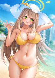 1girl :d arm_up bare_arms beach belly bikini blue_archive blue_ribbon blue_sky blurry blurry_background blush breasts brown_hair cleavage cloud collarbone commentary contrapposto cowboy_shot day flower front-tie_bikini_top front-tie_top green_eyes hair_between_eyes halo hand_up hat hat_flower head_tilt highres large_breasts light_brown_hair long_hair looking_at_viewer meyrink navel nonomi_(blue_archive) nonomi_(swimsuit)_(blue_archive) ocean official_alternate_costume ok_sign open_mouth outdoors revision ribbon sand side-tie_bikini_bottom sky smile standing straight_hair sunlight swimsuit thigh_gap very_long_hair water yellow_bikini