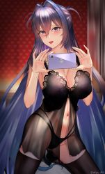 Rule 34 | 1girl, absurdres, azur lane, babydoll, bed, black panties, black thighhighs, blue eyes, blue hair, breasts, cellphone, cleavage, female pov, hair intakes, highres, holding, holding phone, lingerie, mirror, misa pika, negligee, new jersey (azur lane), nightgown, panties, phone, pov, see-through, selfie, sitting, smartphone, solo, taking picture, thighhighs, underwear, underwear only