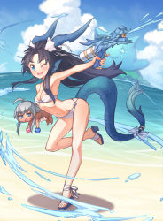 Rule 34 | 2girls, ;d, andromeda (p&amp;d), beach, bikini, black hair, blue eyes, breasts, carrying, day, dragon girl, dragon tail, fins, head fins, highres, karin (p&amp;d), long hair, multiple girls, ocean, one eye closed, open mouth, outdoors, puzzle &amp; dragons, sandals, sky, small breasts, smile, swimsuit, tail, water, water gun, white bikini, yellowpaint.