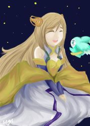 Rule 34 | 00s, 1girl, blue eyes, breasts, brown hair, creature, dress, closed eyes, jewelry, long hair, mieu (tales), open mouth, ring, star (symbol), tales of (series), tales of the abyss, yulia jue