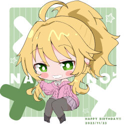 Rule 34 | 1girl, absurdres, ahoge, black footwear, black pantyhose, blonde hair, blush stickers, boots, chibi, commentary, dated, earrings, green background, green eyes, grey skirt, grin, hand up, happy birthday, heart, highres, hoshii miki, idolmaster, idolmaster (classic), invisible chair, jewelry, long hair, long sleeves, looking at viewer, miniskirt, nyan guru, pantyhose, pink sweater, pleated skirt, ponytail, shirt, sidelocks, sitting, skirt, smile, solo, star (symbol), sweater, v, white shirt