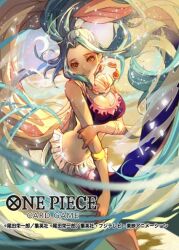 Rule 34 | 1girl, bandaged arm, bandages, blue hair, bra, bracelet, commentary request, copyright name, floating clothes, floating hair, hand on own arm, jewelry, looking at viewer, moon, nanahara shie, necklace, nefertari vivi, official art, one piece, one piece card game, ponytail, sidelocks, skirt, solo, underwear, upper body