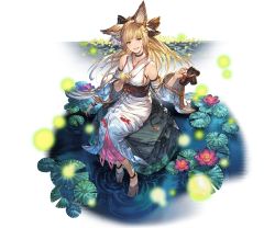 Rule 34 | 1girl, animal ears, animal print, bare shoulders, barefoot, blonde hair, braid, breasts, bug, collar, collarbone, erune, firefly, fish, fish print, full body, granblue fantasy, hair ornament, holding, insect, japanese clothes, kimono, lily pad, long hair, looking at viewer, medium breasts, minaba hideo, obi, official art, open mouth, purple eyes, rock, sandals, sash, sitting, smile, solo, transparent background, water, wide sleeves, yuisis (granblue fantasy)