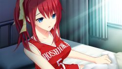 Rule 34 | 1girl, basketball jersey, bed, blue eyes, breasts, game cg, hatsukoi 1/1, hospital bed, jersey, large breasts, red hair, short hair, sitting, sunlight, tsukishima kyou, window