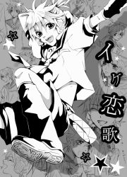 Rule 34 | 1boy, greyscale, hakuseki, headset, ike lenka (vocaloid), jumping, kagamine len, male focus, microphone, monochrome, open mouth, short hair, sketch, smile, solo, star (symbol), translation request, vocaloid