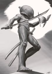 Rule 34 | 1boy, absurdres, boiled egg27, elden ring, foreshortening, greyscale, helmet, highres, holding, holding sword, holding weapon, katana, let me solo her, long hair, male focus, malenia blade of miquella, monochrome, muscular, muscular male, navel, pot on head, simple background, solo, sword, tarnished (elden ring), topless male, weapon