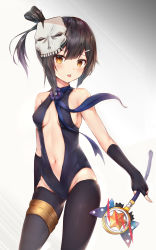 Rule 34 | 1girl, absurdres, bare shoulders, black gloves, black hair, black leotard, black thighhighs, blush, breasts, breasts apart, brown eyes, cameltoe, center opening, cowboy shot, fate/kaleid liner prisma illya, fate (series), fingerless gloves, gloves, gradient background, groin, hair between eyes, highres, kaleidostick, legs apart, leotard, long hair, looking at viewer, luminous, magical sapphire, miyu edelfelt, sideboob, sidelocks, skull, small breasts, solo, standing, thighhighs, tongue, tongue out, white background