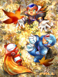 Rule 34 | 3boys, :d, android, autumn leaves, axl (mega man), blonde hair, capcom, falling leaves, from above, full body, helmet, leaf, long hair, looking up, machinery, male focus, mega man (series), mega man x (series), mri, multiple boys, open mouth, ponytail, robot, smile, standing, very long hair, x (mega man), zero (mega man)