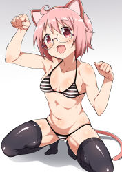Rule 34 | 1girl, animal ears, arm up, bad id, bad pixiv id, bikini, black thighhighs, blush, breasts, cat ears, cat tail, collarbone, fake animal ears, glasses, gradient background, hand up, looking at viewer, no shoes, nonohara yuzuko, open mouth, paw pose, pink eyes, pink hair, rimless eyewear, shadow, short hair, simple background, small breasts, solo, squatting, string bikini, striped bikini, striped clothes, swimsuit, tail, thighhighs, yuyushiki