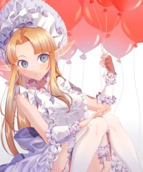 Rule 34 | 1girl, alternate costume, balloon, blonde hair, blue eyes, blunt bangs, blush, dress, feet out of frame, frilled dress, frilled thighhighs, frills, holding, holding balloon, knees up, long hair, miri (cherryjelly), nintendo, parted bangs, pointy ears, princess zelda, sitting, sleeveless, sleeveless dress, solo, super smash bros., the legend of zelda, the legend of zelda: a link between worlds, thighhighs, white dress, white headwear, white thighhighs