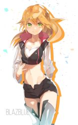 Rule 34 | 1girl, alternate costume, black shorts, blazblue, blonde hair, boots, breasts, cleavage, collarbone, copyright name, floating hair, green eyes, hair between eyes, hyakuhachi (over3), long hair, long sleeves, looking at viewer, midriff, navel, noel vermillion, short shorts, shorts, simple background, sketch, small breasts, smile, solo, standing, stomach, thigh boots, thighhighs, very long hair, white background, white footwear, white sleeves, zettai ryouiki