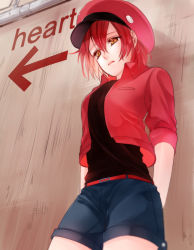 Rule 34 | 10s, 1girl, ae-3803, bad id, bad pixiv id, belt, beret, bou (maimoca501), hat, hataraku saibou, jacket, open clothes, open jacket, red blood cell, red hair, short hair, solo, standing, uniform, wall