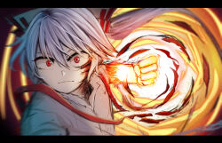 Rule 34 | 1girl, attack, bow, burning, burnt clothes, clenched hand, closed mouth, colored skin, floating hair, fujiwara no mokou, glowing, glowing skin, grey hair, hair between eyes, hair bow, highres, incoming attack, leaning forward, letterboxed, long hair, looking at viewer, nanachise7, ponytail, red eyes, shirt, solo, suspenders, torn clothes, touhou, upper body, white skin