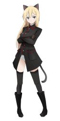 Rule 34 | 1girl, absurdres, animal ears, aqua eyes, bad id, bad pixiv id, blonde hair, boots, cat ears, cat tail, crossed arms, full body, heinrike prinzessin zu sayn-wittgenstein, highres, military, military uniform, noble witches, panties, shiomoto, solo, strike witches, tail, thighhighs, transparent background, underwear, uniform, world witches series