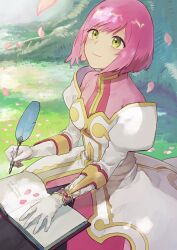 Rule 34 | 1girl, bob cut, book, dress, estellise sidos heurassein, falling petals, gloves, green eyes, holding, holding quill, lirio (nikori9), open book, outdoors, petals, pink hair, quill, short hair, smile, solo, tales of (series), tales of vesperia, tree, white dress, white gloves