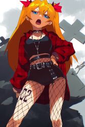 Rule 34 | 1girl, aetherion, angry, arms at sides, belt, black belt, black choker, black nails, black shirt, black shorts, blue eyes, bow, breasts, choker, cleavage, cloud, cloudy sky, collarbone, commentary, contrapposto, crop top, cross, cutoffs, day, debris, ear piercing, earrings, english commentary, feet out of frame, fishnet armwear, fishnet pantyhose, fishnets, furrowed brow, goth fashion, hair between eyes, hair bow, hand on own hip, highres, jewelry, leg tattoo, lips, long hair, long legs, long sleeves, looking at viewer, medium breasts, midriff, necklace, neon genesis evangelion, open clothes, open mouth, open shirt, orange hair, outdoors, overcast, oversized clothes, oversized shirt, pantyhose, pendant choker, piercing, plaid, plaid shirt, please hurt me, red bow, red shirt, rosary, round teeth, shirt, short shorts, shorts, sidelocks, sky, solo, souryuu asuka langley, straight hair, stud earrings, tattoo, teeth, two side up, upper teeth only, v-shaped eyebrows, very long hair
