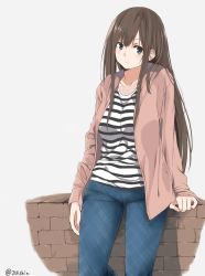 Rule 34 | 1girl, absurdres, amu (258shin), blue eyes, blush, breasts, brick wall, brown hair, closed mouth, denim, highres, hood, hoodie, jeans, leaning on object, long hair, looking at viewer, medium breasts, open clothes, open hoodie, original, pants, shirt, simple background, solo, striped clothes, striped shirt, twitter username, white background, white shirt
