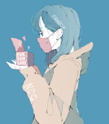 Rule 34 | 1girl, absurdres, artist name, blue background, blue eyes, blue hair, commentary request, ear piercing, from side, gift, heart, highres, holding, holding gift, hood, hood down, hoodie, long bangs, long hair, long sleeves, looking at object, mask, mouth mask, no pupils, nocopyrightgirl, open box, open hands, original, own hands together, pale skin, piercing, signature, solo, surgical mask, upper body, yellow hoodie