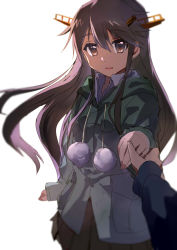 Rule 34 | 10s, 1girl, alternate costume, black hair, brown eyes, hairband, holding hands, haruna (kancolle), highres, hunter.g, jacket, kantai collection, long hair, looking at viewer, open mouth, pov, pov hands, skirt, smile