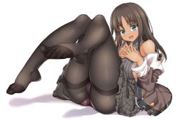 Rule 34 | 1girl, :d, alice gear aegis, ass, black pantyhose, brown hair, commentary request, fingers together, foot focus, foreshortening, full body, green eyes, highres, kaneshiya sitara, long hair, lying, off shoulder, open mouth, own hands together, panties, panties under pantyhose, pantyhose, pink panties, shirokuma a, sidelocks, simple background, smile, solo, thighband pantyhose, underwear, white background