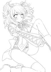 Rule 34 | 1girl, absurdres, blush, boots, brooch, cheria barnes, greyscale, highres, jewelry, kneeling, lineart, looking at viewer, monochrome, panties, short hair, shuragyoku mami, solo, tales of (series), tales of graces, thighhighs, twintails, two side up, underwear