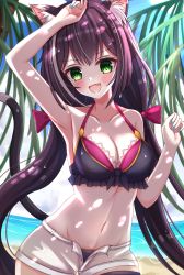 Rule 34 | 1girl, animal ears, arm up, beach, bikini, blue sky, blush, breasts, cat ears, cat girl, cat tail, cleavage, fang, green eyes, highres, imono y, karyl (princess connect!), karyl (summer) (princess connect!), navel, ocean, open fly, outstretched arm, palm tree, princess connect!, sand, sky, swimsuit, tail, tree, twintails, water