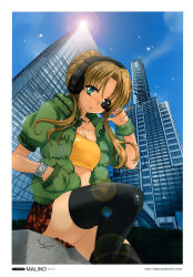 Rule 34 | 1girl, absurdres, black thighhighs, breasts, building, checkered clothes, checkered shirt, cleavage, from below, green eyes, hair up, hand in pocket, headphones, highres, hood, hoodie, lens flare, long hair, malino (dream maker), open clothes, original, plaid, plaid shirt, plaid skirt, scan, shirt, skirt, sky, skyscraper, solo, star (sky), starry sky, strapless, thighhighs, tube top, watch, wristwatch