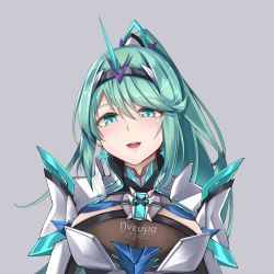 Rule 34 | 1girl, blush, breasts, chest jewel, earrings, female focus, green eyes, green hair, grey background, highres, jewelry, large breasts, long hair, matching hair/eyes, open mouth, pneuma (xenoblade), ponytail, sarasadou dan, simple background, smile, solo, spoilers, swept bangs, tiara, upper body, xenoblade chronicles (series), xenoblade chronicles 2